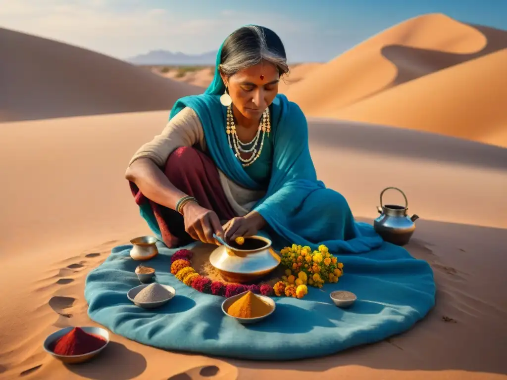 Miembro de tribu nómada extrayendo colorantes naturales de plantas vibrantes en oasis del desierto