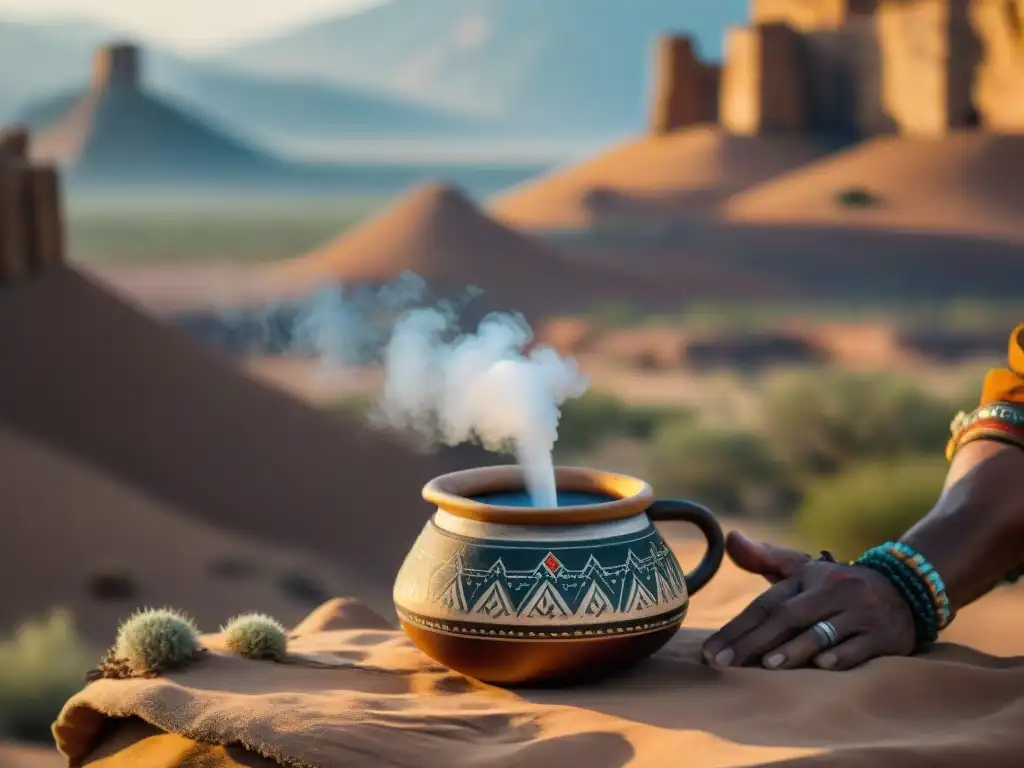 Miembro de tribu nómada vierte tónico ancestral en el desierto Un miembro de una tribu nómada vierte un tónico ancestral de una cantimplora en una taza rústica en un paisaje desértico