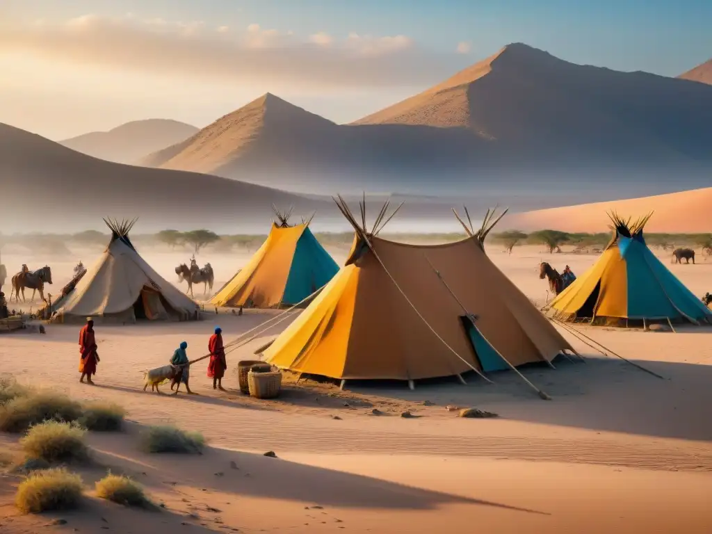 Miembros de una tribu nómada reconstruyen su asentamiento en el desierto al atardecer