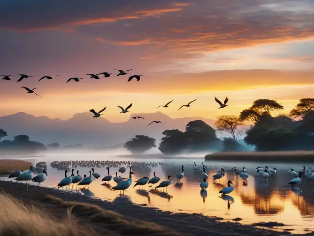 Una migración de aves nómadas surca el cielo al atardecer, sus siluetas destacan en el vibrante paisaje