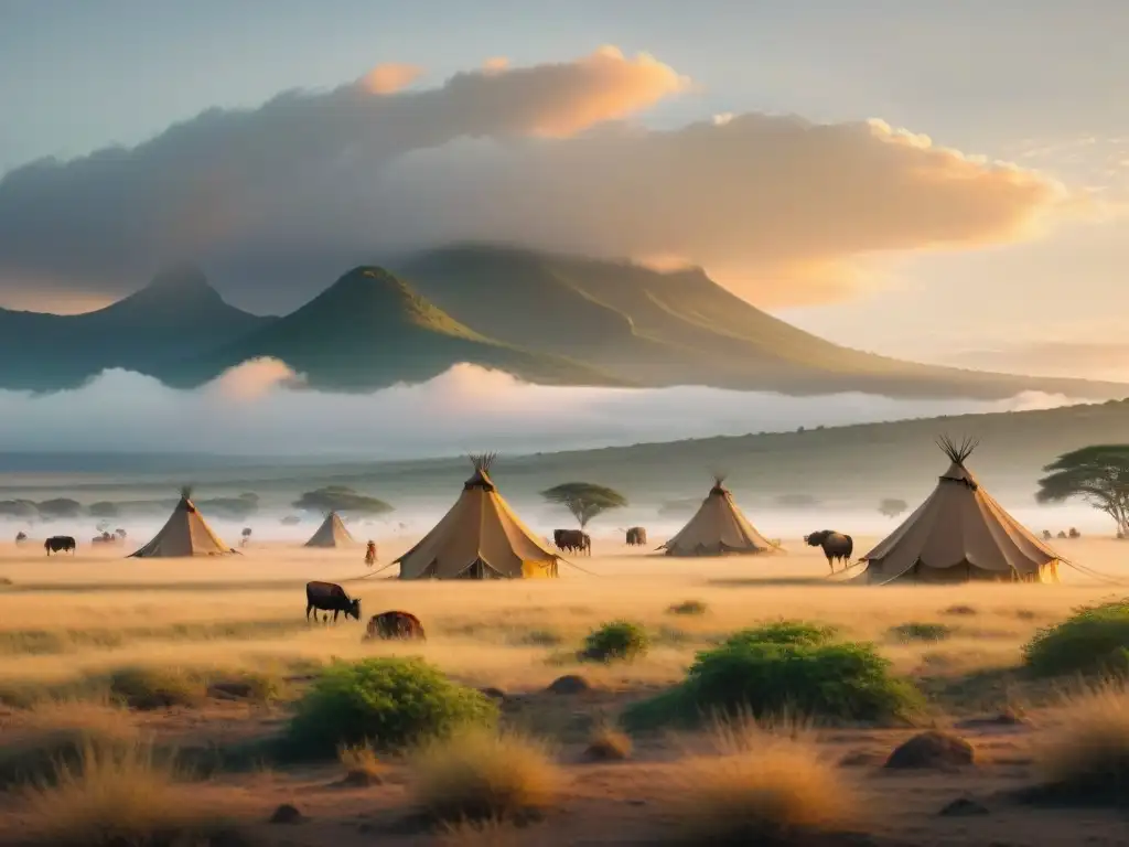 Patrón migratorio de tribus nómadas en armonía con la diversidad de la naturaleza en una savana exuberante al atardecer