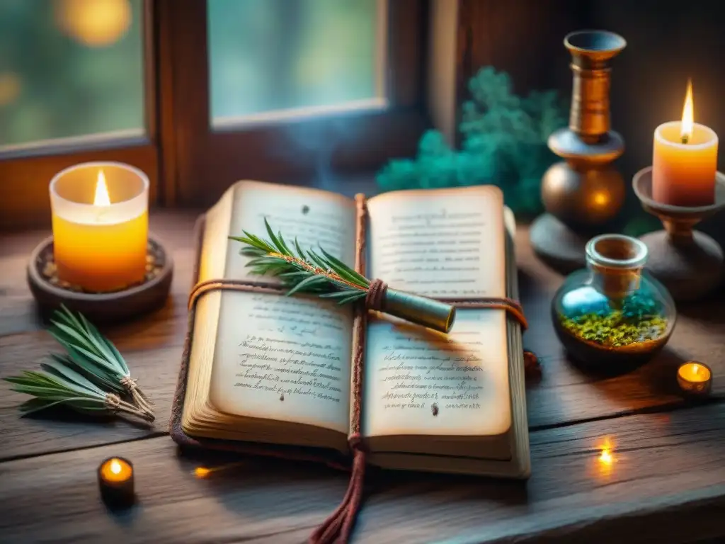 Antiguo libro de recetas y hierbas ancestrales: sabiduría mística Místicos tónicos ancestrales para renovar energía, en un antiguo diario de cuero con recetas manuscritas, hierbas y velas