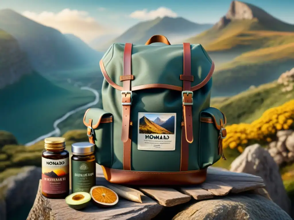 Una mochila de aventurero nómada detallada, organizada con alimentos nutritivos y esenciales para la travesía