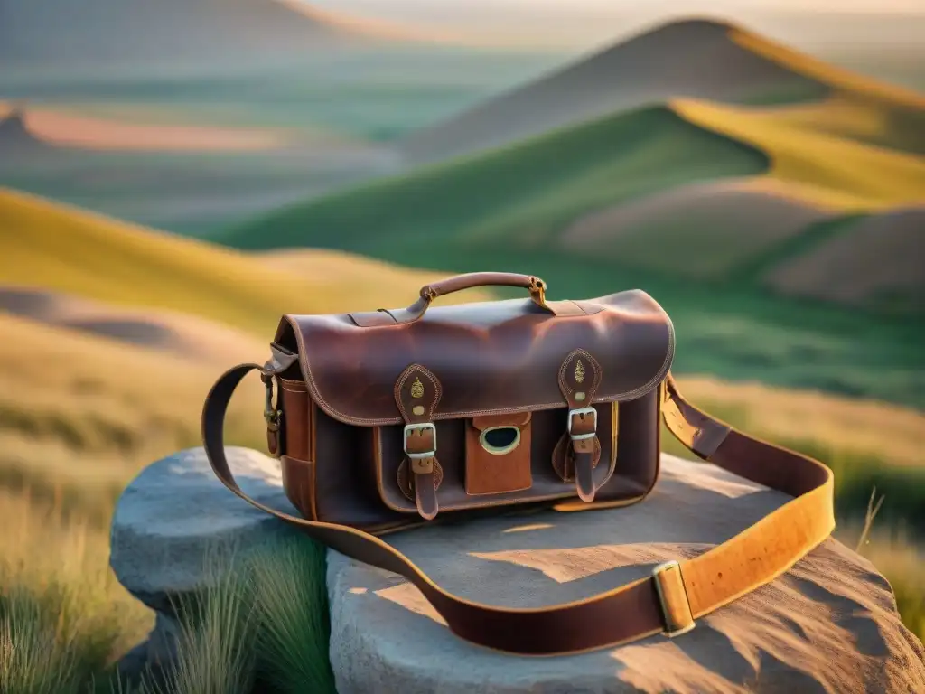 Mochila de cuero desgastada en la estepa dorada al atardecer