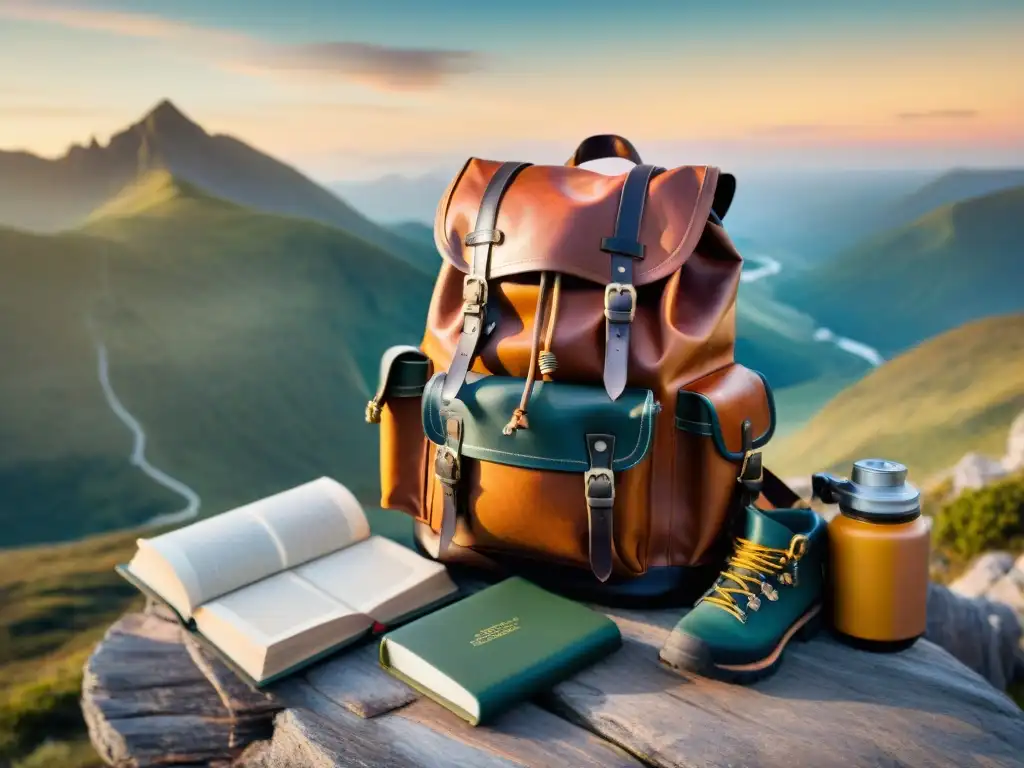 Una mochila de cuero desgastado rebosante de esenciales de viaje frente a un paisaje montañoso al atardecer