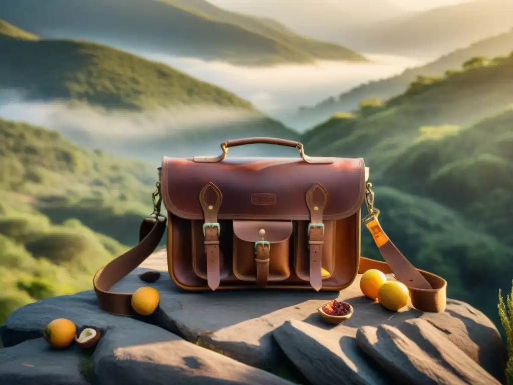 Una mochila de cuero resistente, llena de alimentos para aventuras nómadas, en un bosque selvático iluminado por el sol