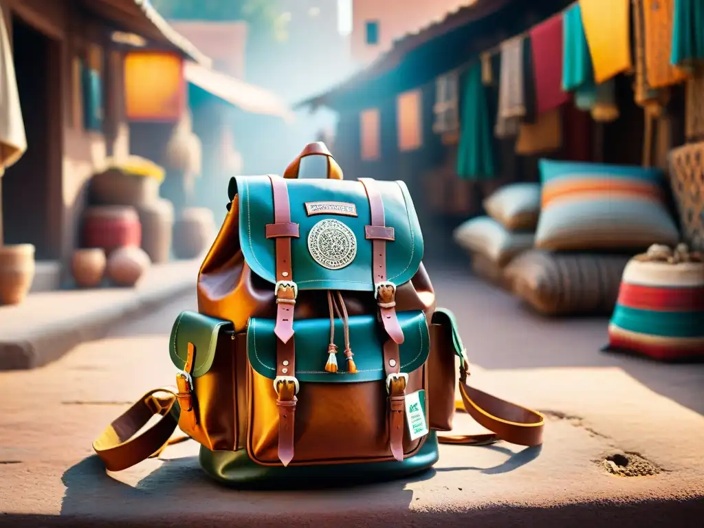 Mochila de cuero vintage desgastada por años de viaje, adornada con stickers de todo el mundo, en un bullicioso mercado en Marrakech