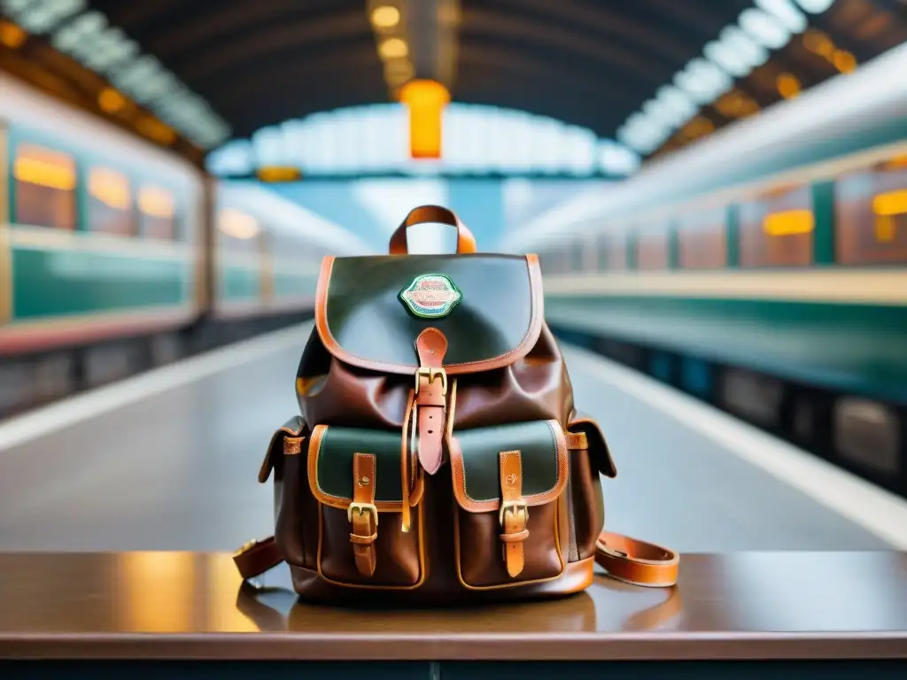 Mochila de cuero vintage con detalles y stickers de viaje, en estación de tren