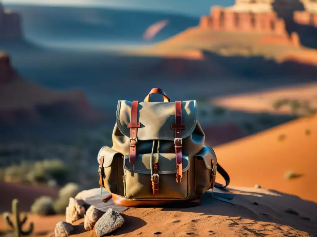 Una mochila de cuero vintage en un paisaje desértico, evocando aventura y estilo nómada