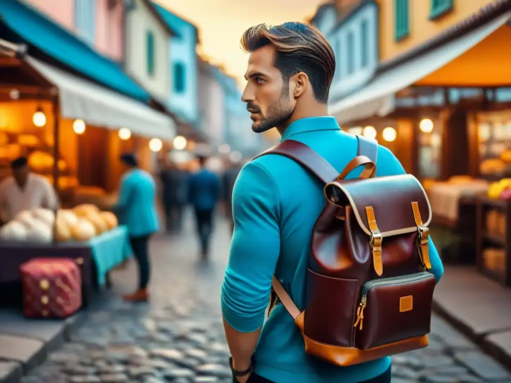 Una mochila inteligente para viajeros nómadas, con detalles de cuero y tecnología moderna, en un bullicioso mercado de una ciudad antigua