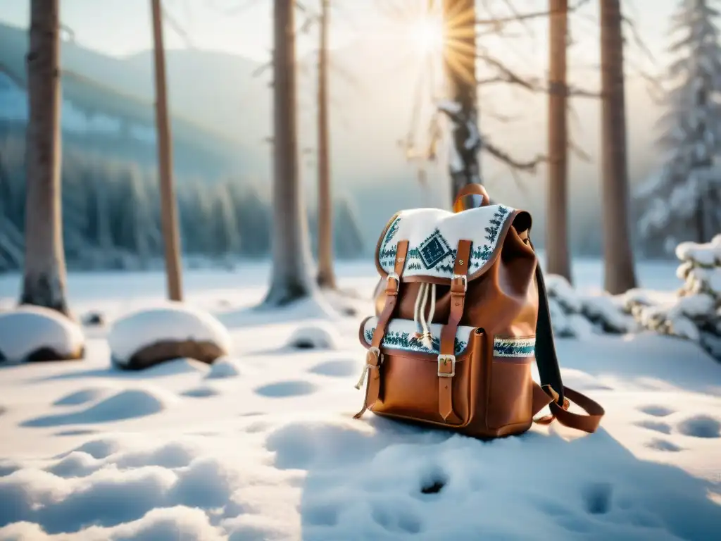 Una mochila vintage cubierta de nieve en un bosque invernal, ideal para 'Equipos para vida nómada invierno'