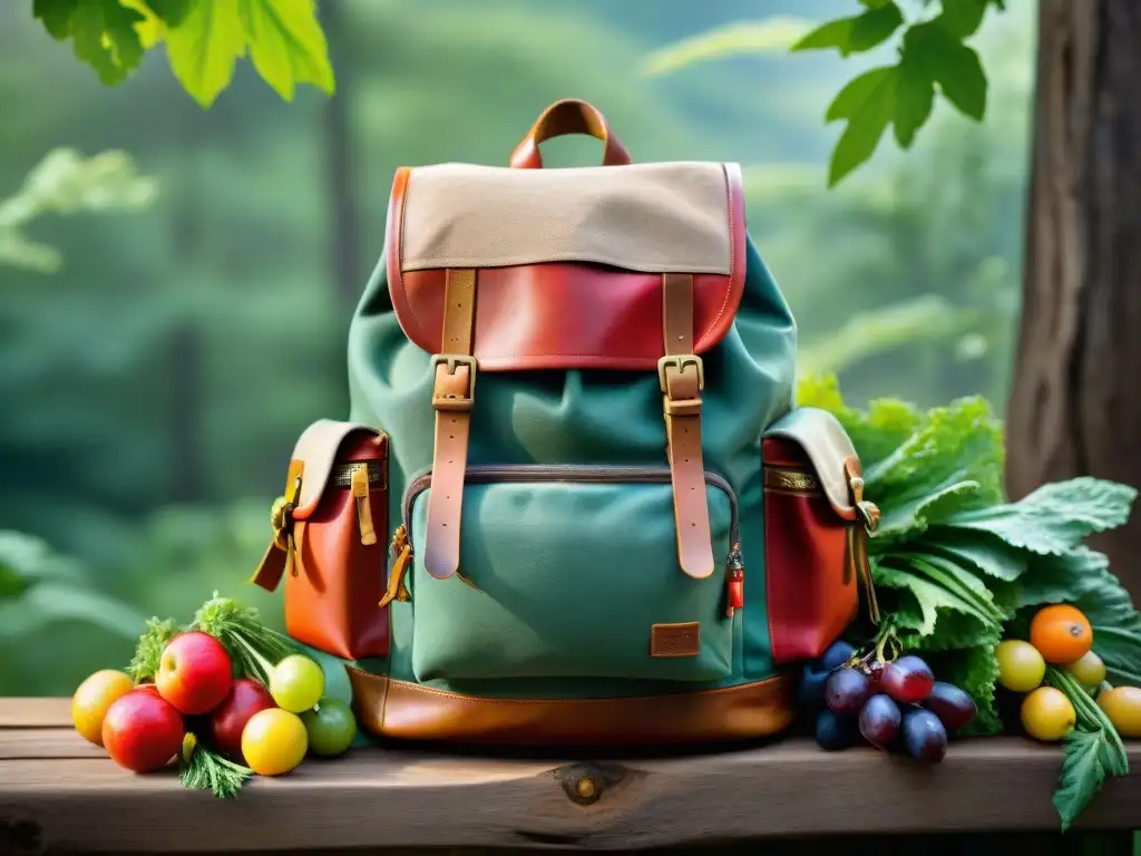 Una mochila vintage desgastada rebosante de frutas y verduras frescas en un bosque sereno con luz solar filtrada