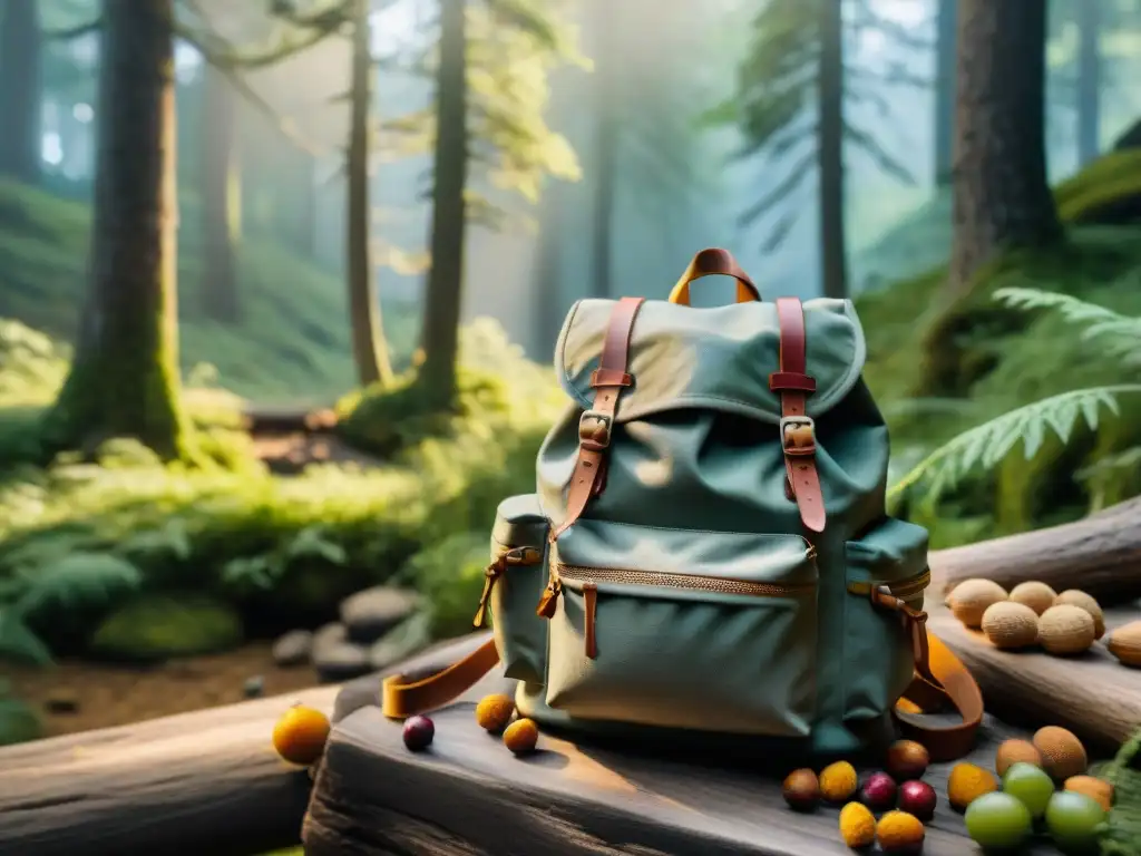 Una mochila vintage, rebosante de frutos secos, granos antiguos y hierbas silvestres, en un campamento sereno en el bosque
