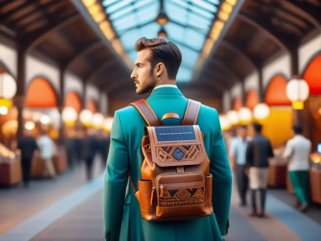 Mochilas inteligentes para viajeros nómadas: Mochila de cuero vintage con detalles tribales y tecnología moderna en un mercado exótico