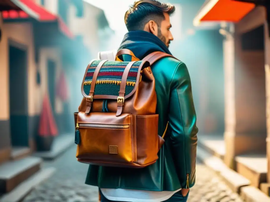 Mochilas inteligentes para viajeros nómadas: Un mercado antiguo con una mochila de cuero vintage en un cálido ambiente dorado