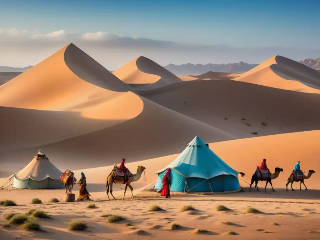 Moda funcional tribus nómadas en el desierto: coloridas tiendas de camellos, tejidos y fogatas bajo el cielo azul