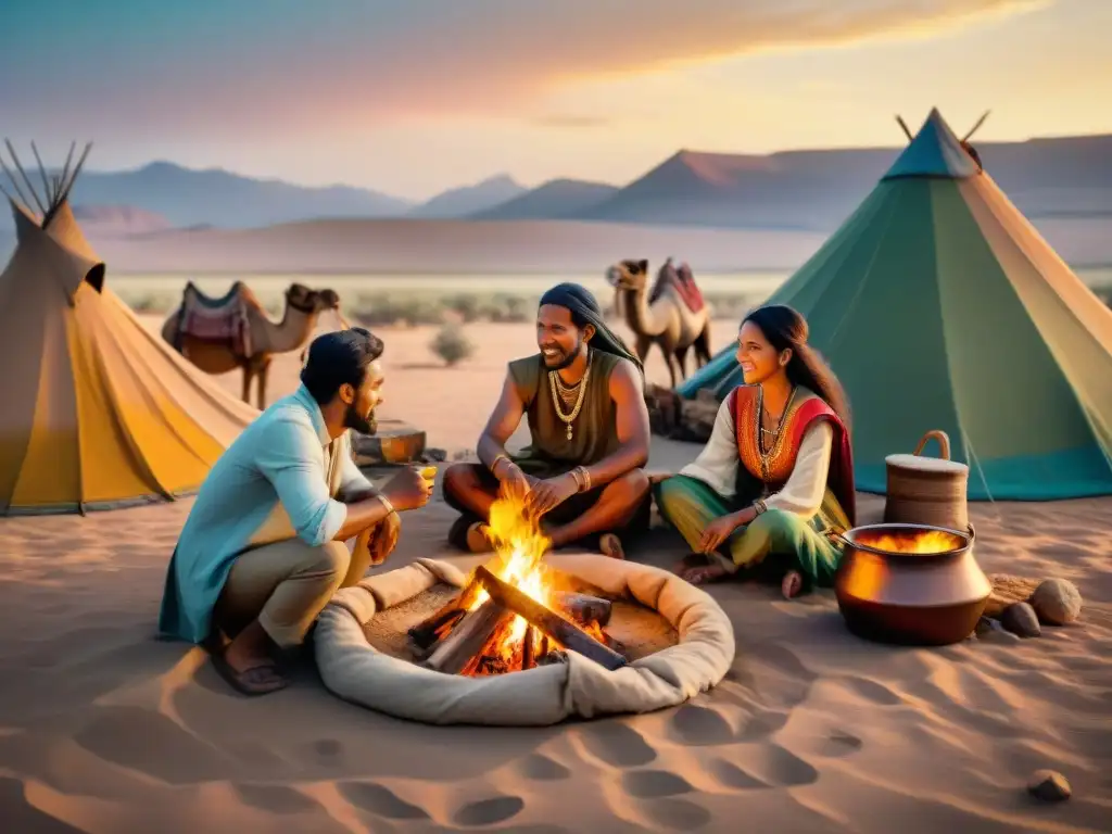 Vida nómada: Tribu en el desierto reúne y cría a sus hijos Modelos de parentalidad en tribus: Tribu nómada alrededor de fogata, cocinando, contando historias y tocando instrumentos en desierto al atardecer