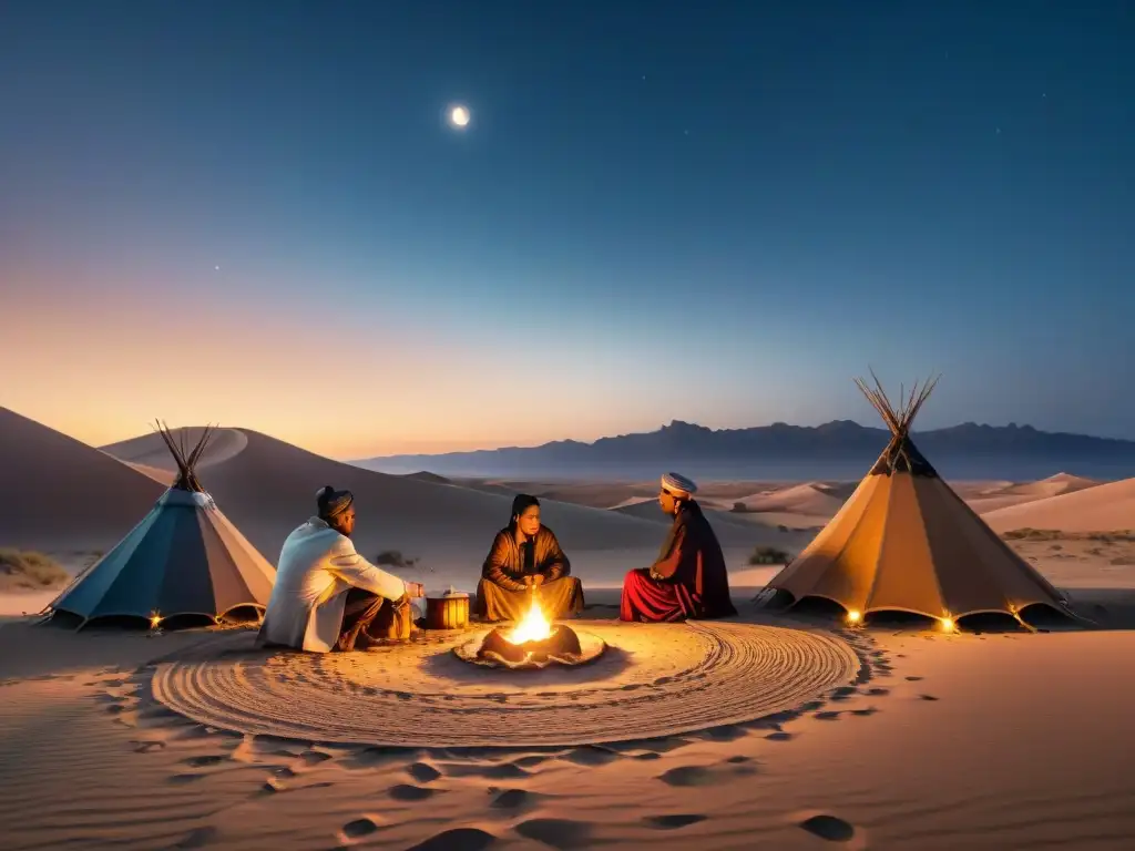 Un momento mágico de celebraciones estacionales de tribus nómadas en el desierto bajo un cielo estrellado