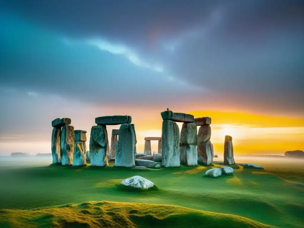 Monumentos megalíticos envueltos en misterio al amanecer, tribus nómadas historia