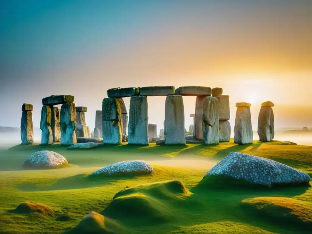 Monumentos megalíticos tribus nómadas historia: Stonehenge en una mañana brumosa, bajo un cielo de amanecer vibrante