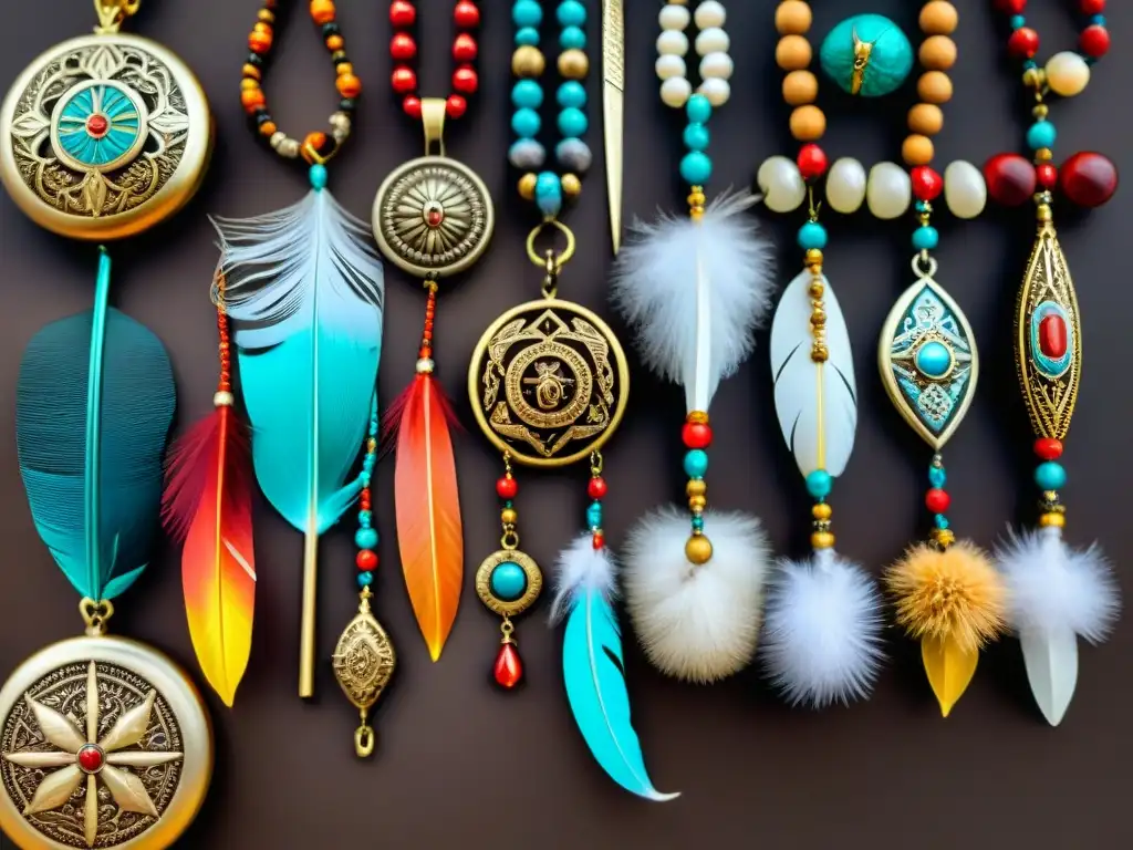 Un mosaico de amuletos y talismanes de tribus nómadas, con plumas, cuentas y huesos, simbolizando protección mágica