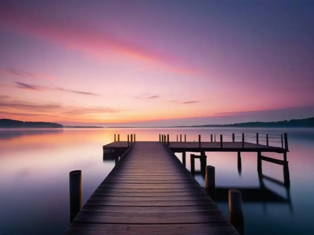 Un muelle silueteado se extiende en un lago al atardecer, con el cielo en tonos cálidos reflejados en el agua tranquila