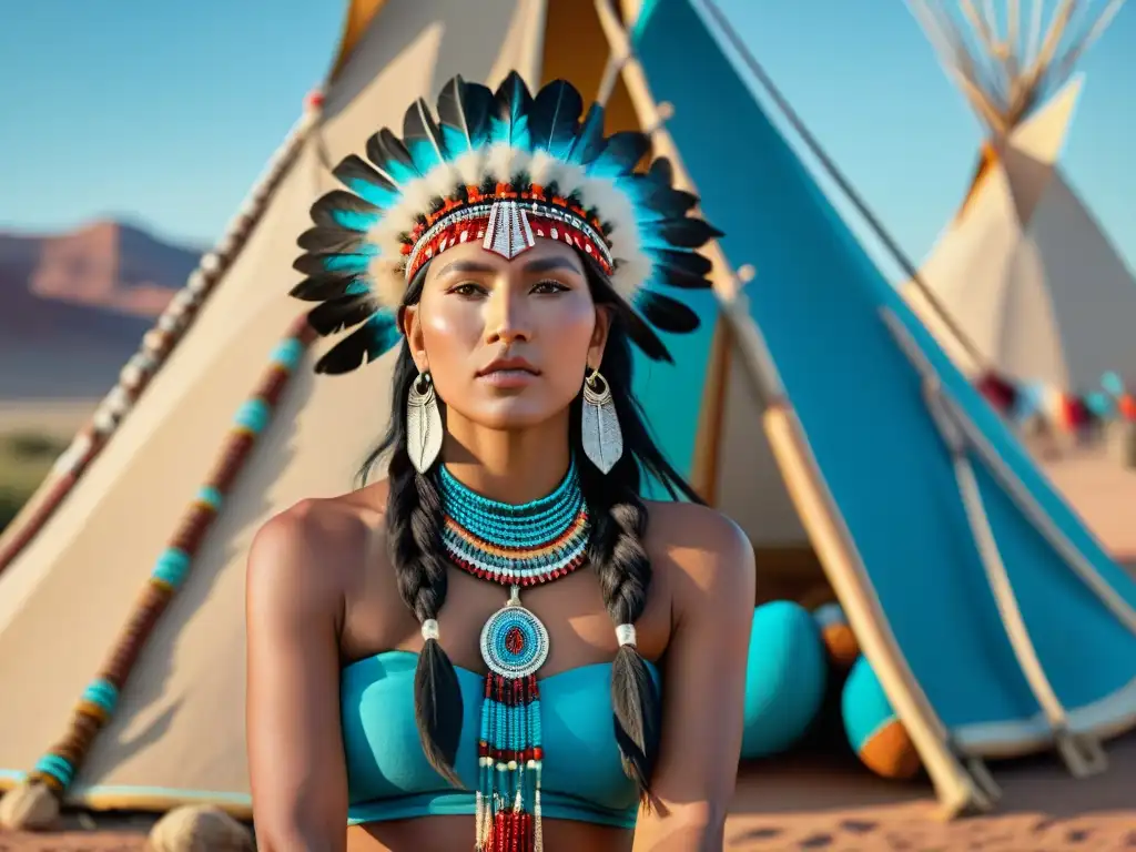 Una mujer navaja con larga cabellera negra, trenzada y adornada con plumas y abalorios, frente a un tipi en el suroeste americano