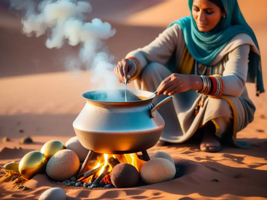 Una mujer nómada beduina prepara un guiso de camello en el Sahara al atardecer, demostrando técnicas de cocina de tribus nómadas