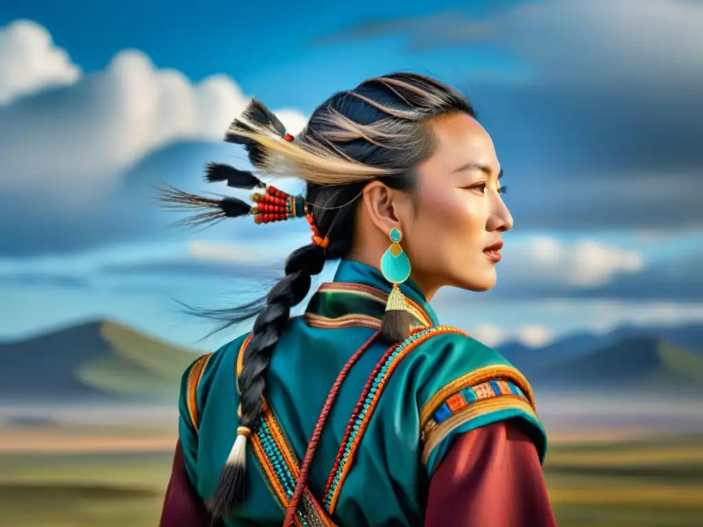 Una mujer nómada de las estepas mongolas con peinados tradicionales culturas nómadas, uniendo herencia y belleza en la vastedad de la naturaleza