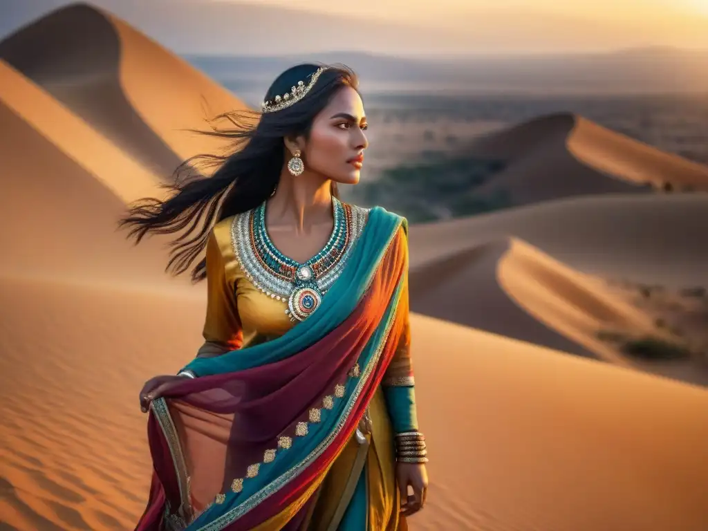 Una mujer nómada vestida con colores vibrantes y detalles exquisitos, reflejando fuerza y elegancia en un desierto dorado al atardecer