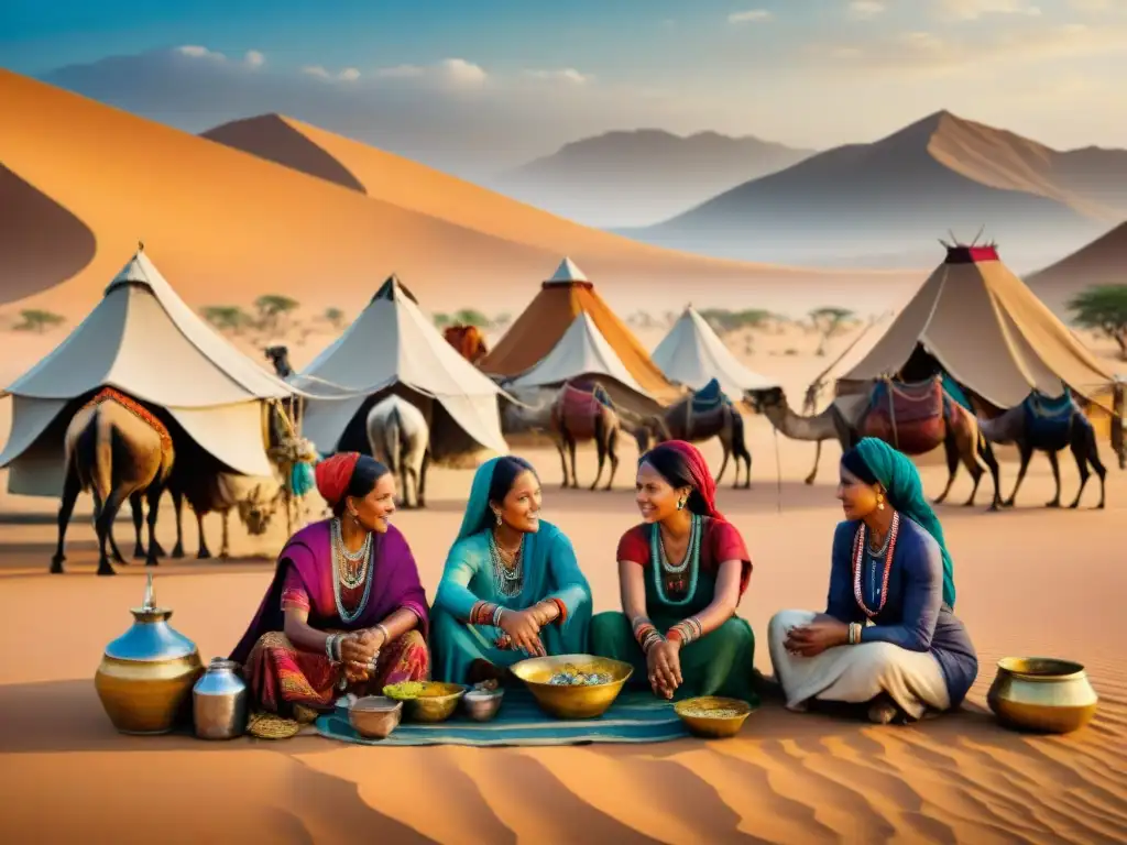 Participación mujeres economía tribus nómadas: Ilustración vintage de mujeres tribales comerciando y trabajando en el desierto