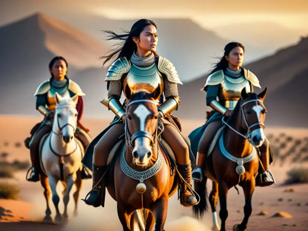 Mujeres en la gobernanza nómada cabalgan con determinación en el desierto al atardecer