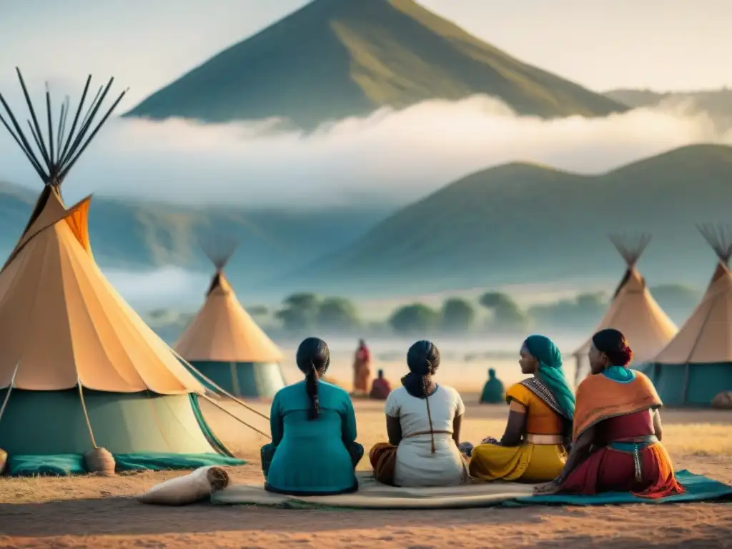 Mujeres en la gobernanza nómada: Reunión empoderada bajo el cielo abierto, rodeadas de tiendas tradicionales y ganado