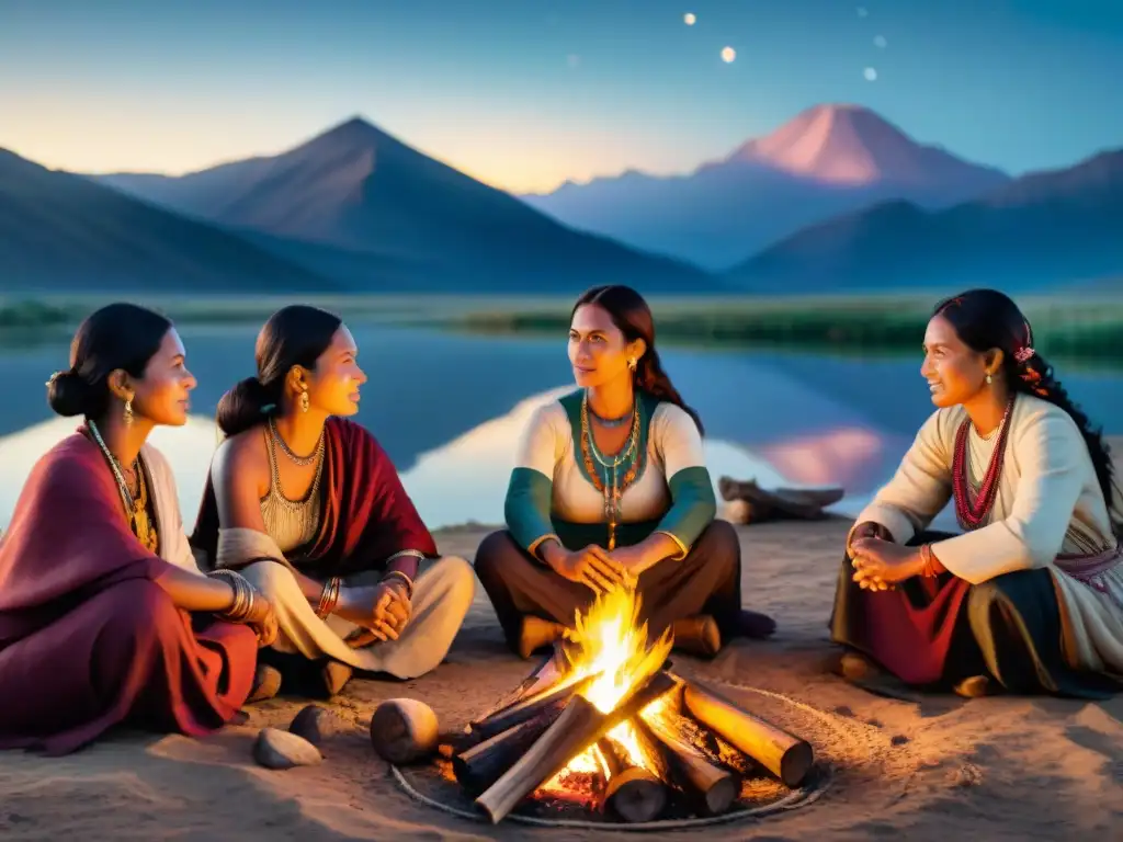 Mujeres en la gobernanza nómada: Grupo de mujeres nómadas en profunda conversación alrededor de una fogata bajo un cielo estrellado