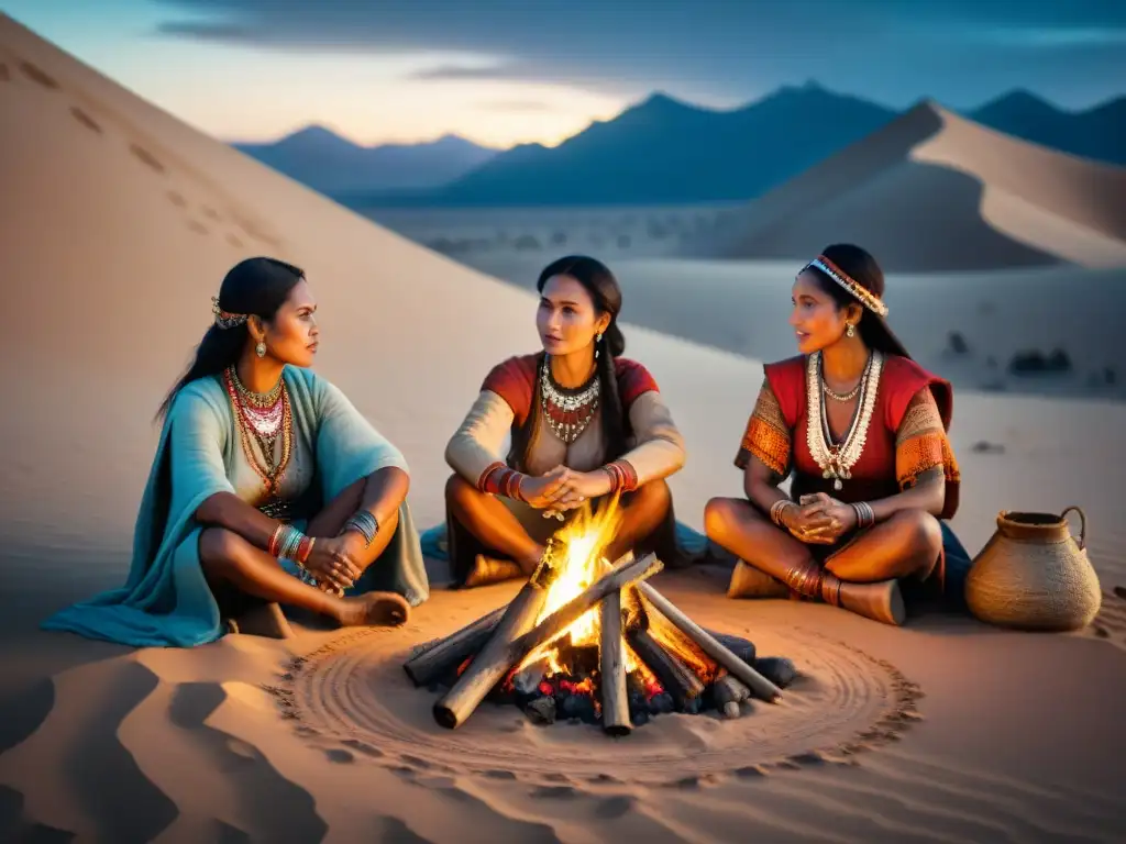 Mujeres líderes en tribus nómadas reunidas alrededor de fogata en desierto, con atuendos tribales y rostros sabios bajo cielo estrellado