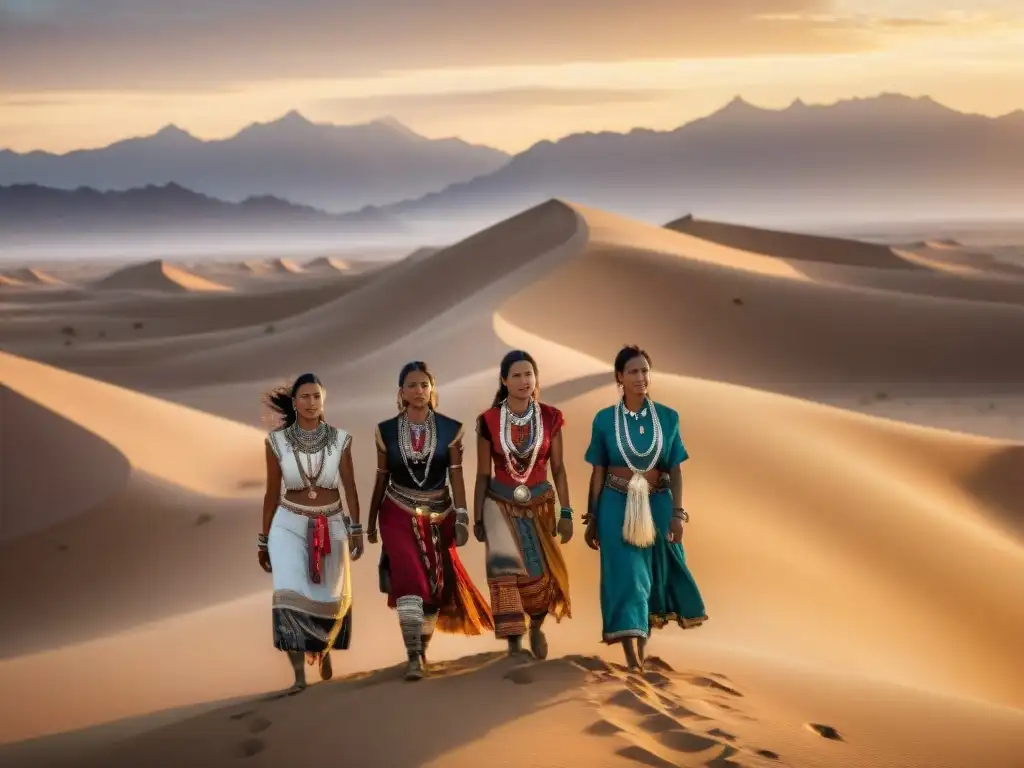 Mujeres líderes en tribus nómadas unidas en fuerza y empoderamiento, con atuendos tradicionales en un desierto al atardecer