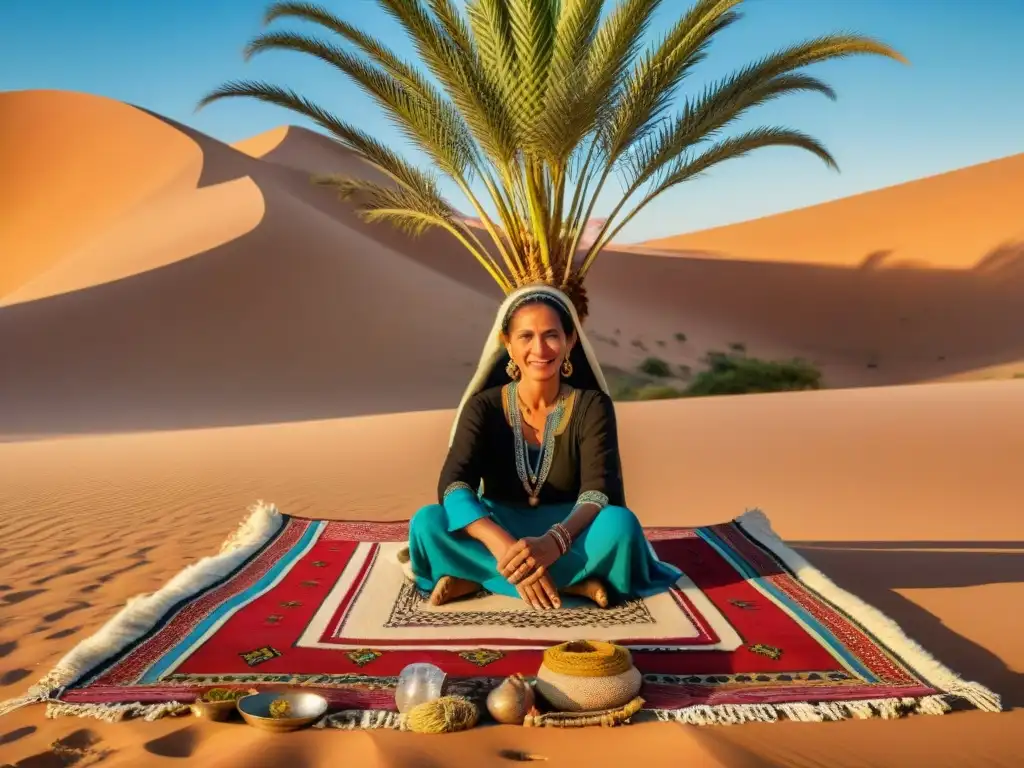 Mujeres nómadas Berber tejiendo bajo palmera en desierto del Sahara