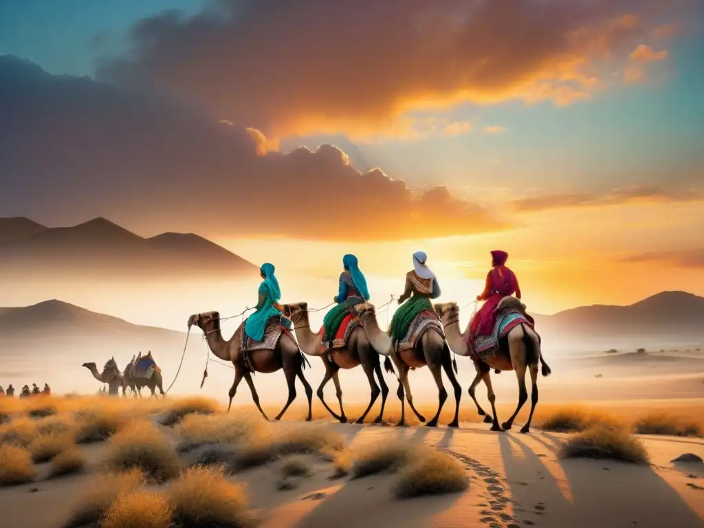 Caravana de mujeres nómadas: fuerza y resiliencia en la estepa dorada Mujeres nómadas lideran caravana de camellos en la estepa, reflejando los roles de la mujer nómada