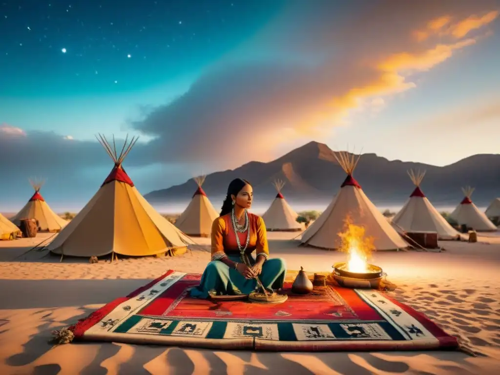 Mujeres nómadas tejiendo bajo el cielo estrellado en el desierto, resaltando la importancia de las mujeres en la cultura nómada