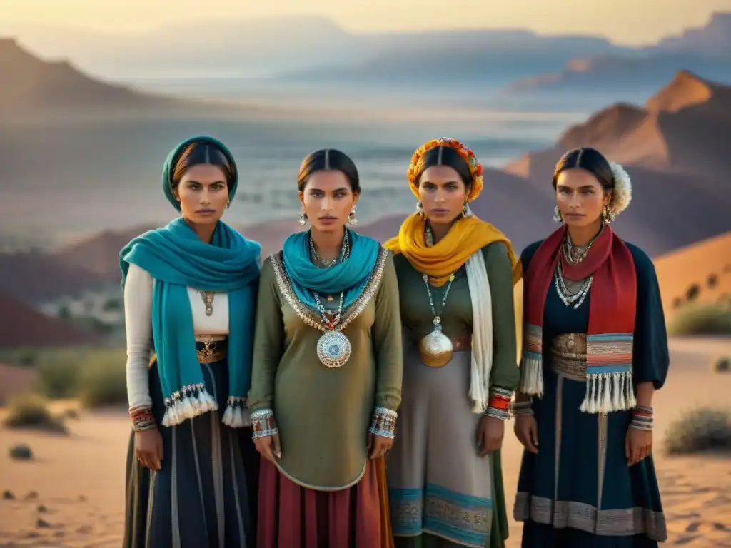 Mujeres nómadas en el desierto con prendas tradicionales y joyas, reflejando la durabilidad de la ropa nómada