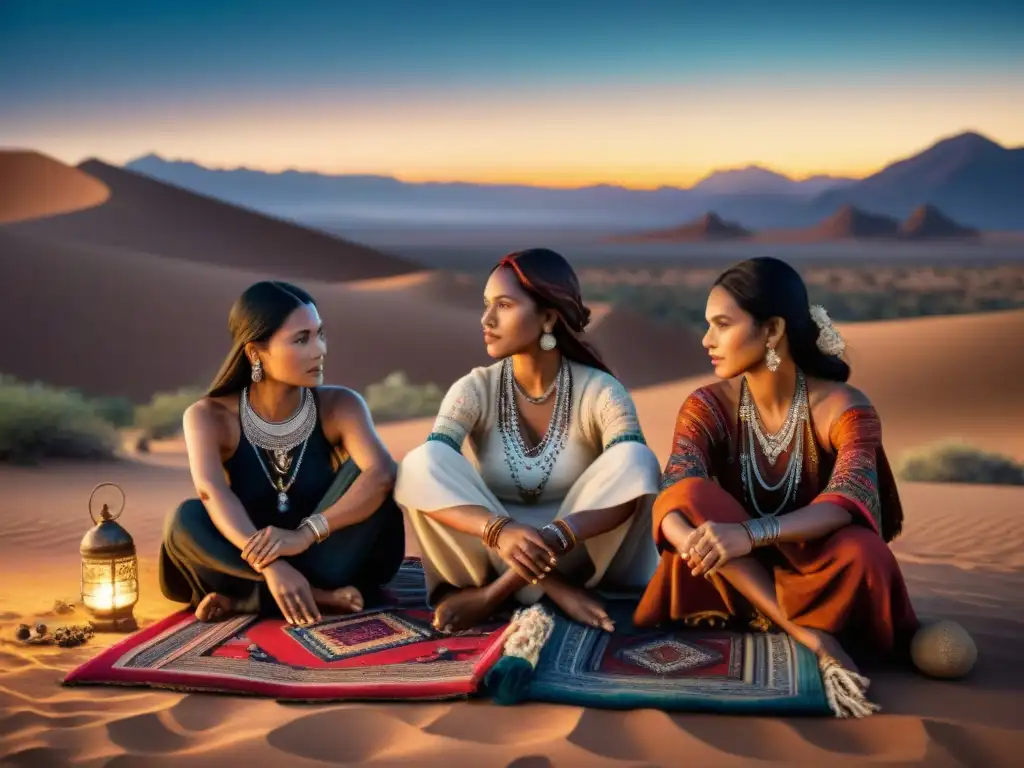 Mujeres nómadas en el desierto, tejiendo tradiciones joyeras bajo un cielo estrellado