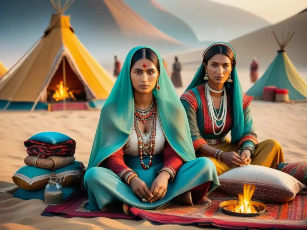 Mujeres nómadas cosiendo en el desierto