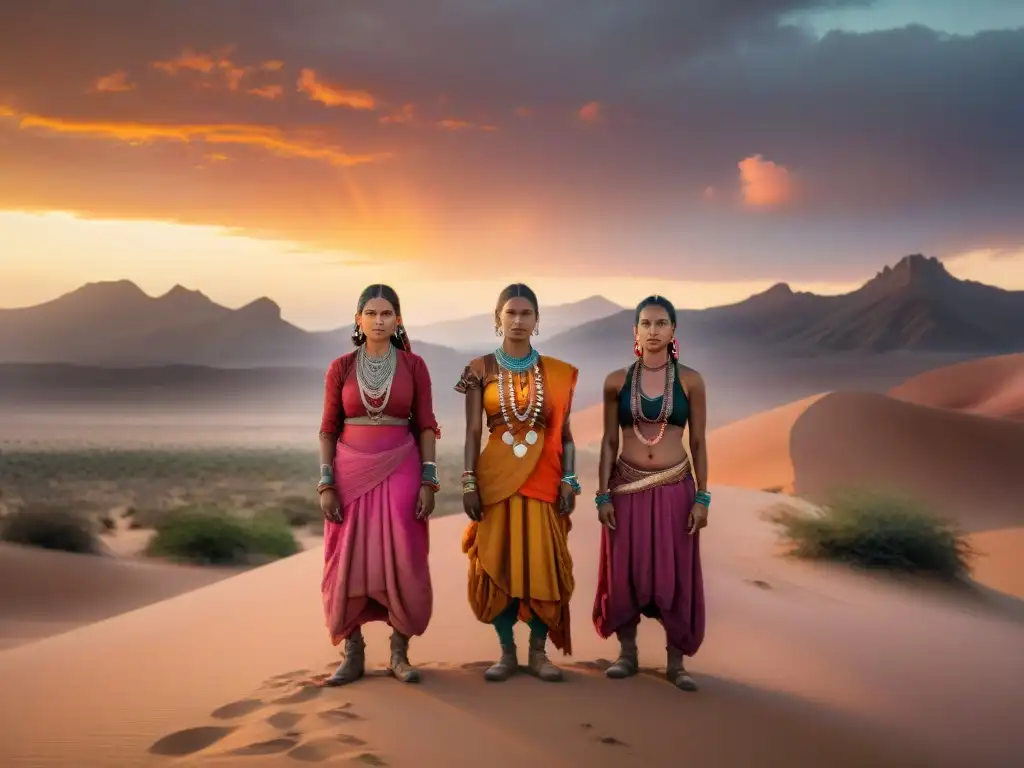 Mujeres nómadas desafiaron destino: grupo de mujeres orgullosas en atuendo tradicional en desierto al atardecer