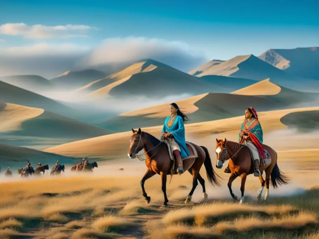 Mujeres nómadas cabalgando en la estepa: fuerza y libertad Mujeres nómadas fuertes y coloridas cabalgan en la estepa, mostrando su independencia y los Roles de la mujer nómada