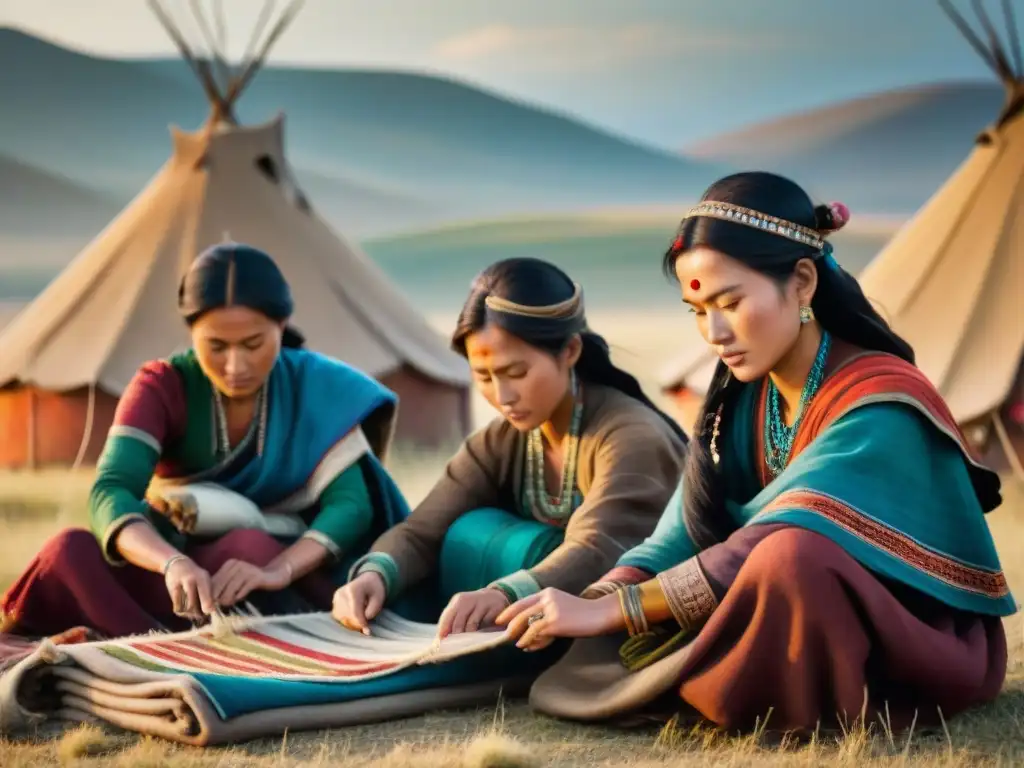 Mujeres nómadas tejiendo en la estepa Mujeres nómadas tejiendo hermosos patrones en telares portátiles bajo el cielo abierto de la estepa