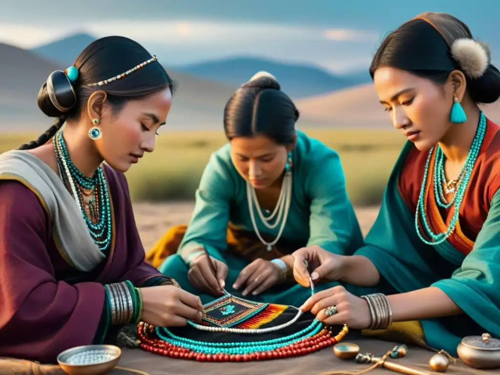 Mujeres nómadas preservando la tradición joyera con destreza bajo el cielo abierto de la estepa