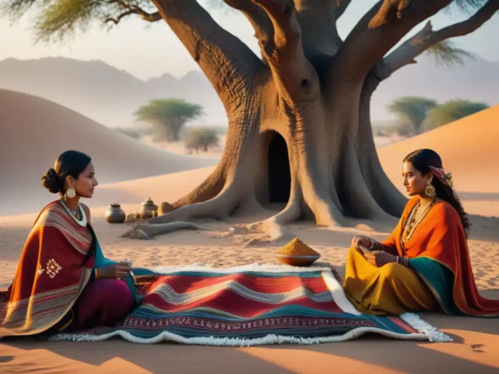 Mujeres nómadas tejiendo patrones en textiles coloridos bajo un árbol en el desierto al atardecer, destacando su rica herencia cultural