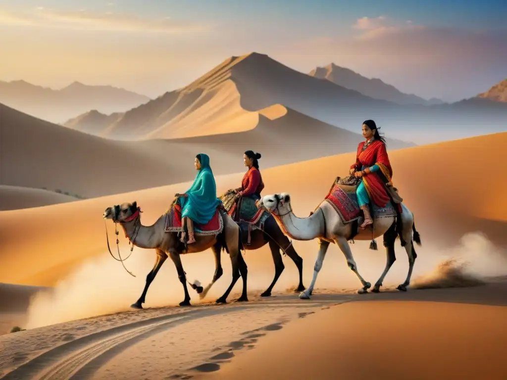 Mujeres nómadas en la Ruta: grupo de mujeres adornadas liderando camellos por el desierto al atardecer