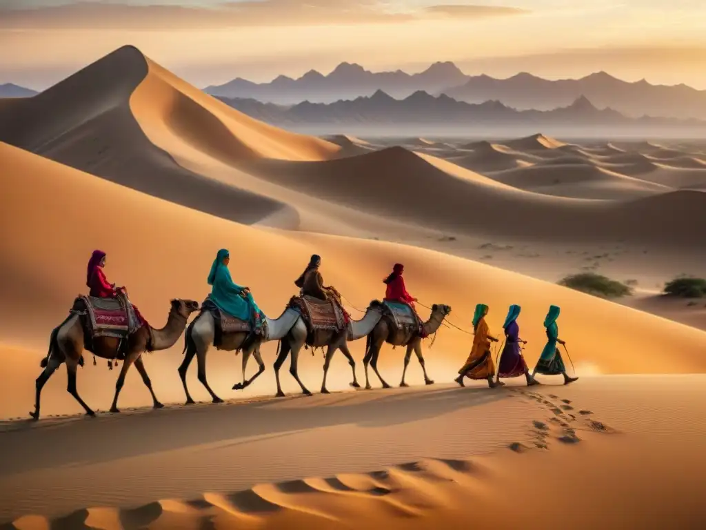 Mujeres nómadas en la Ruta: Grupo de mujeres adornadas con vestimenta tradicional, liderando camellos al atardecer en el desierto