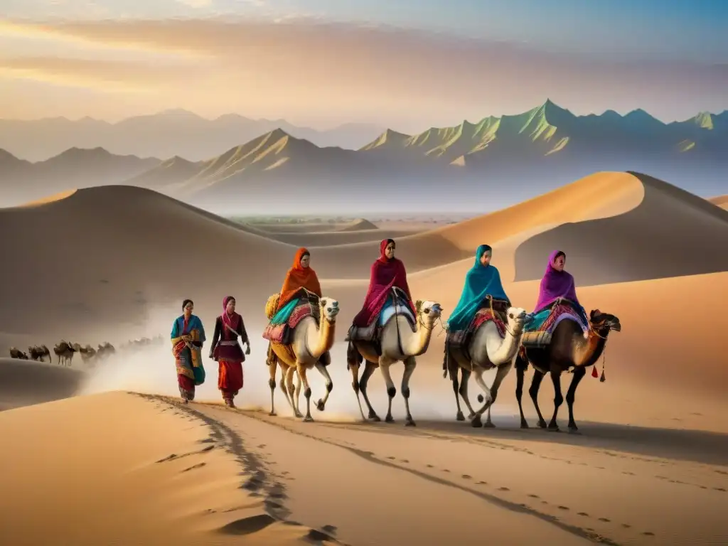 Mujeres nómadas en la Ruta: Grupo de mujeres en ropa tradicional liderando camellos por el desierto al atardecer